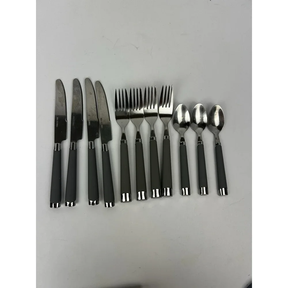 Lot of 11 GRAY Handle Stainless Steel Flatware - Teaspoons Forks Knives